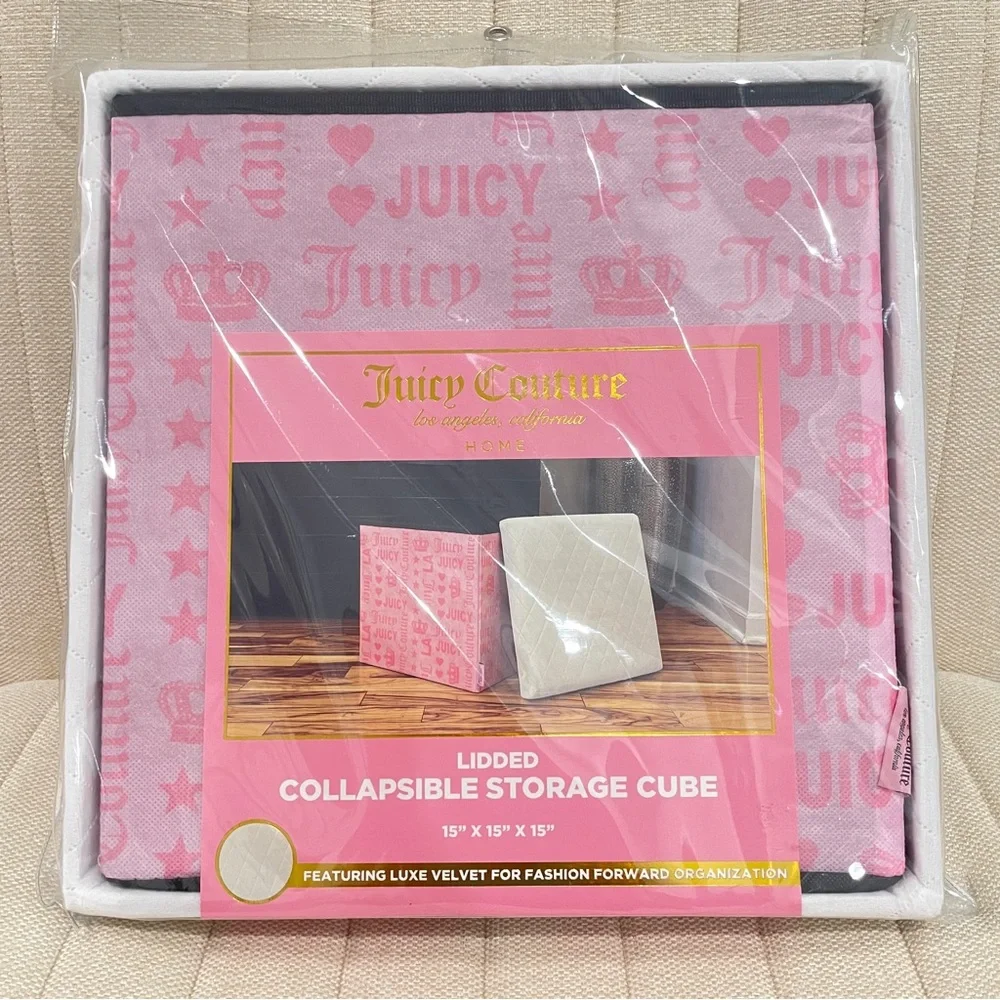 NEW Juicy Couture Pink Logo Lidded Collapsible Storage Cube White Quilted Velvet